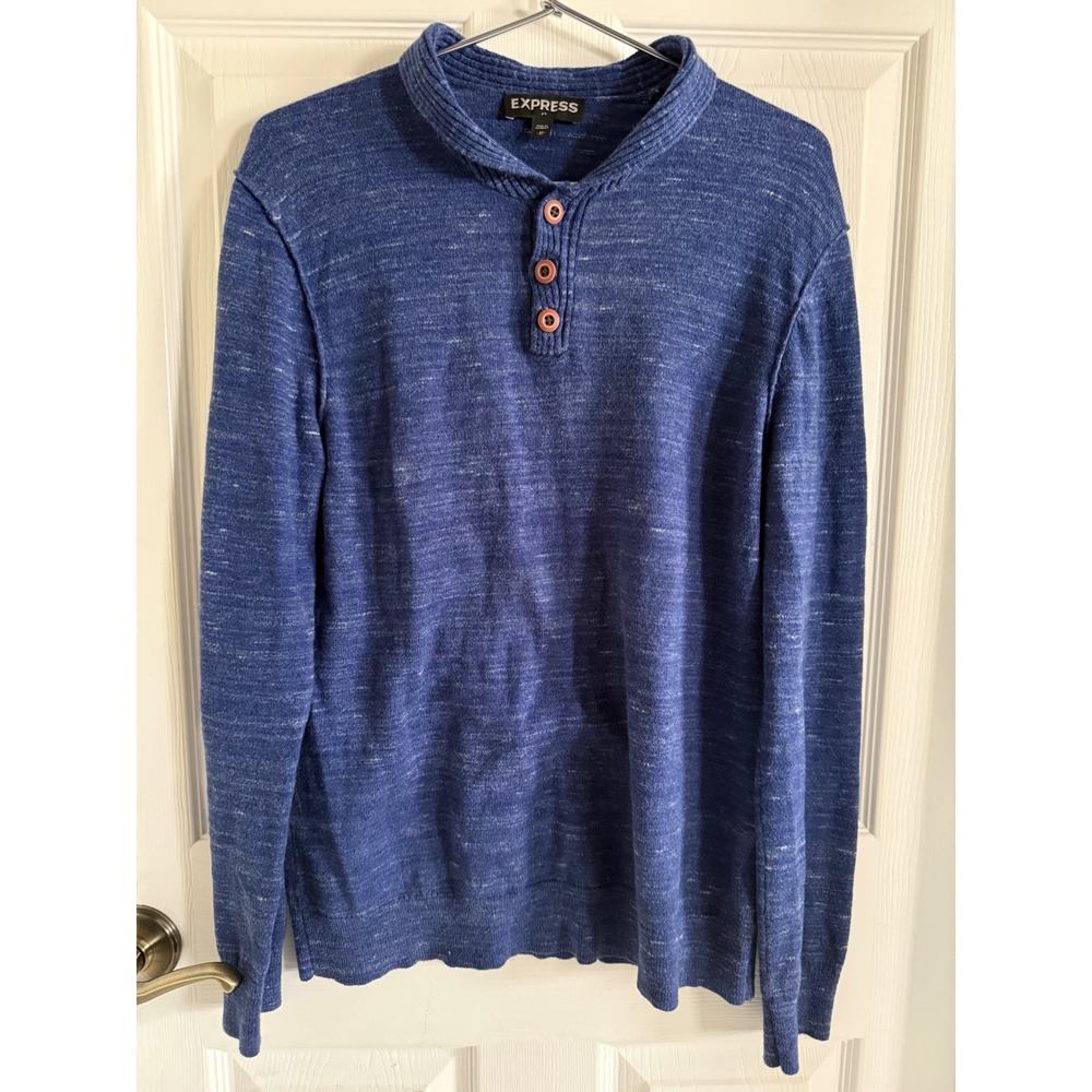 Express Mens Blue Slub Knit Henley Sweater Shawl Collar Size M Long Sleeve